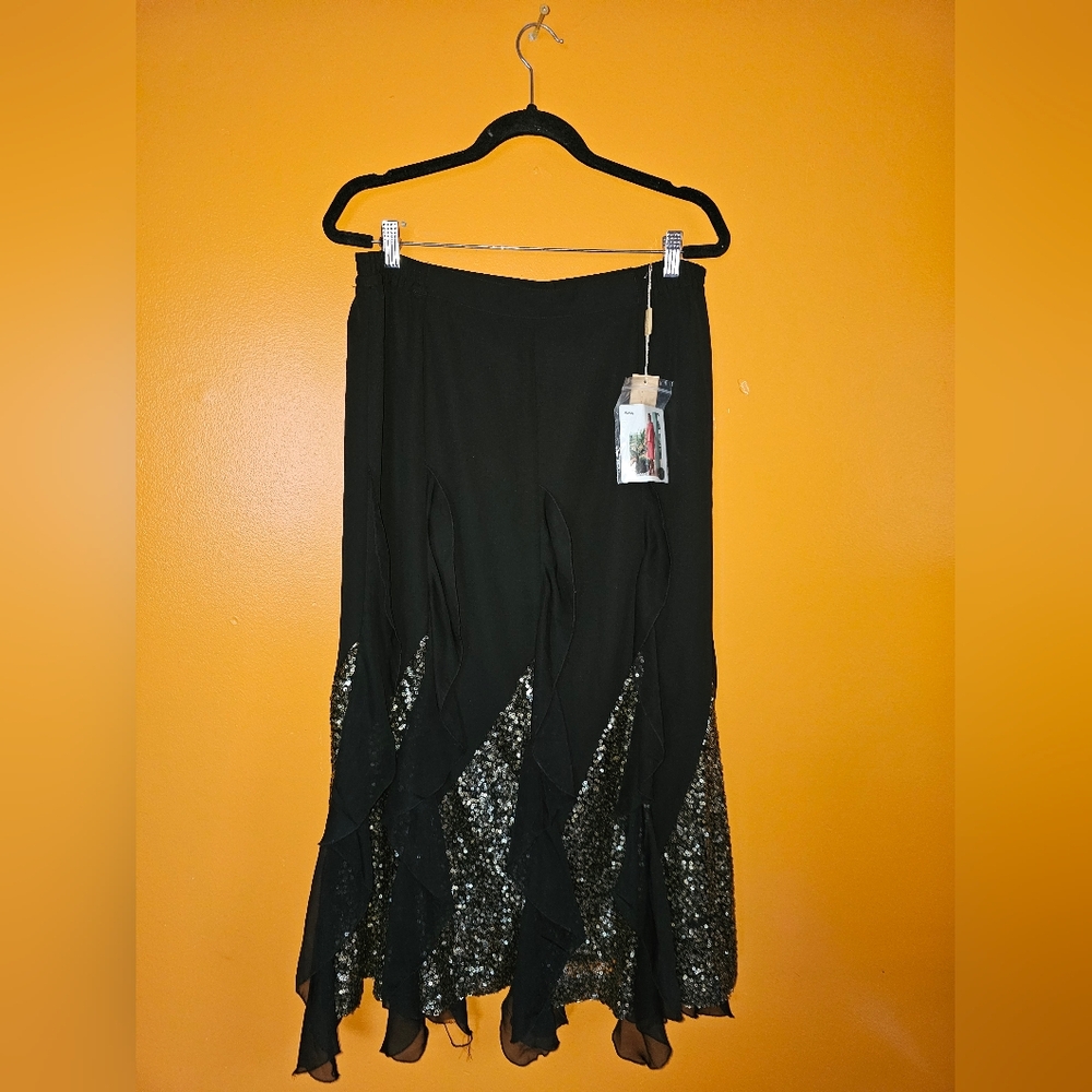 J Song Way Peekaboo Sequin Black Midi Skirt New Size 14